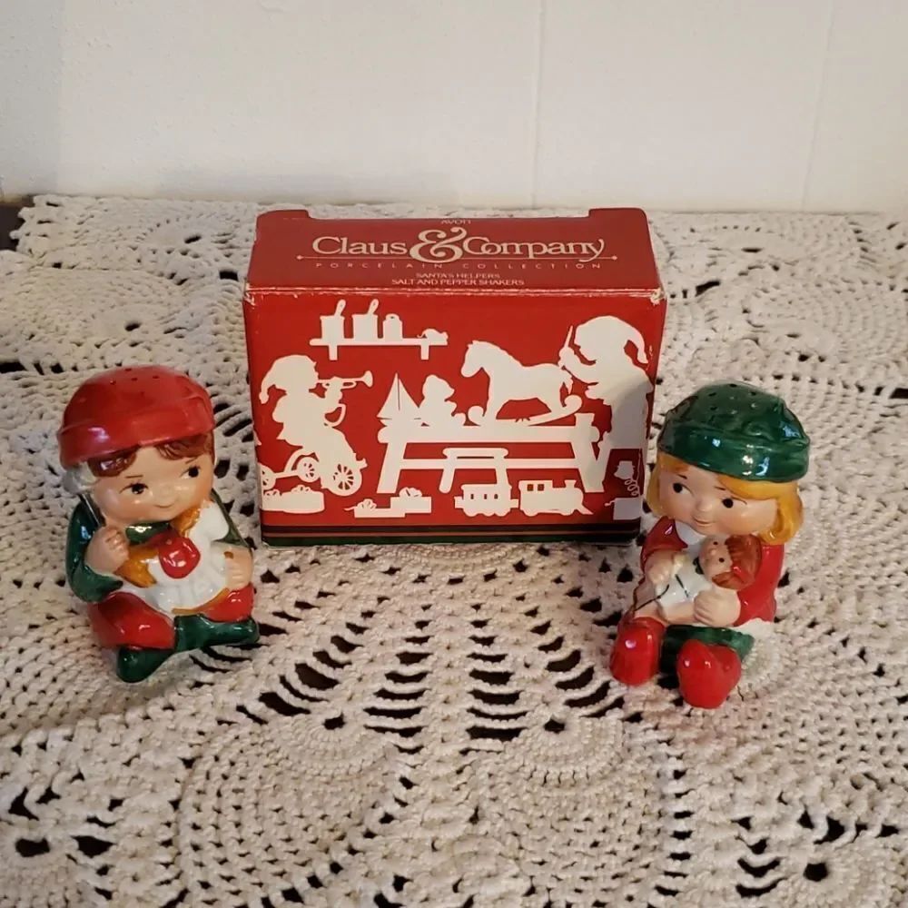 Vintage Avon Claus & Company Porcelain Elf Salt and Pepper Shakers -  (1983)